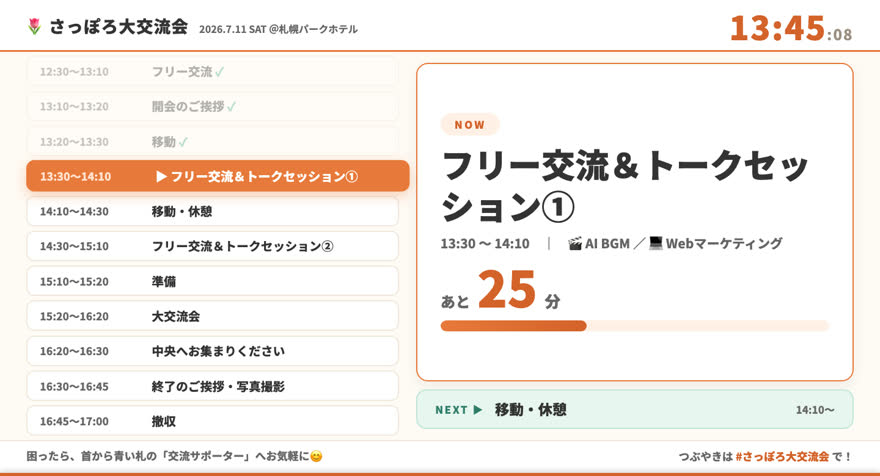会場スクリーンの進行画面。今の企画と残り時間を表示